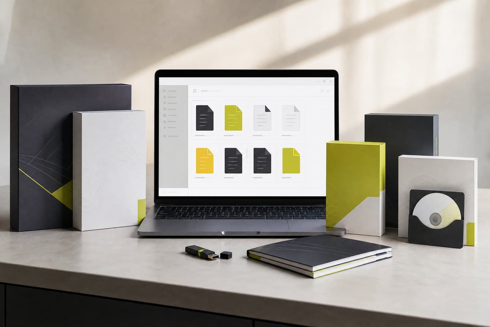 Digital product boxes, downloadable asset media and a generic file library.
